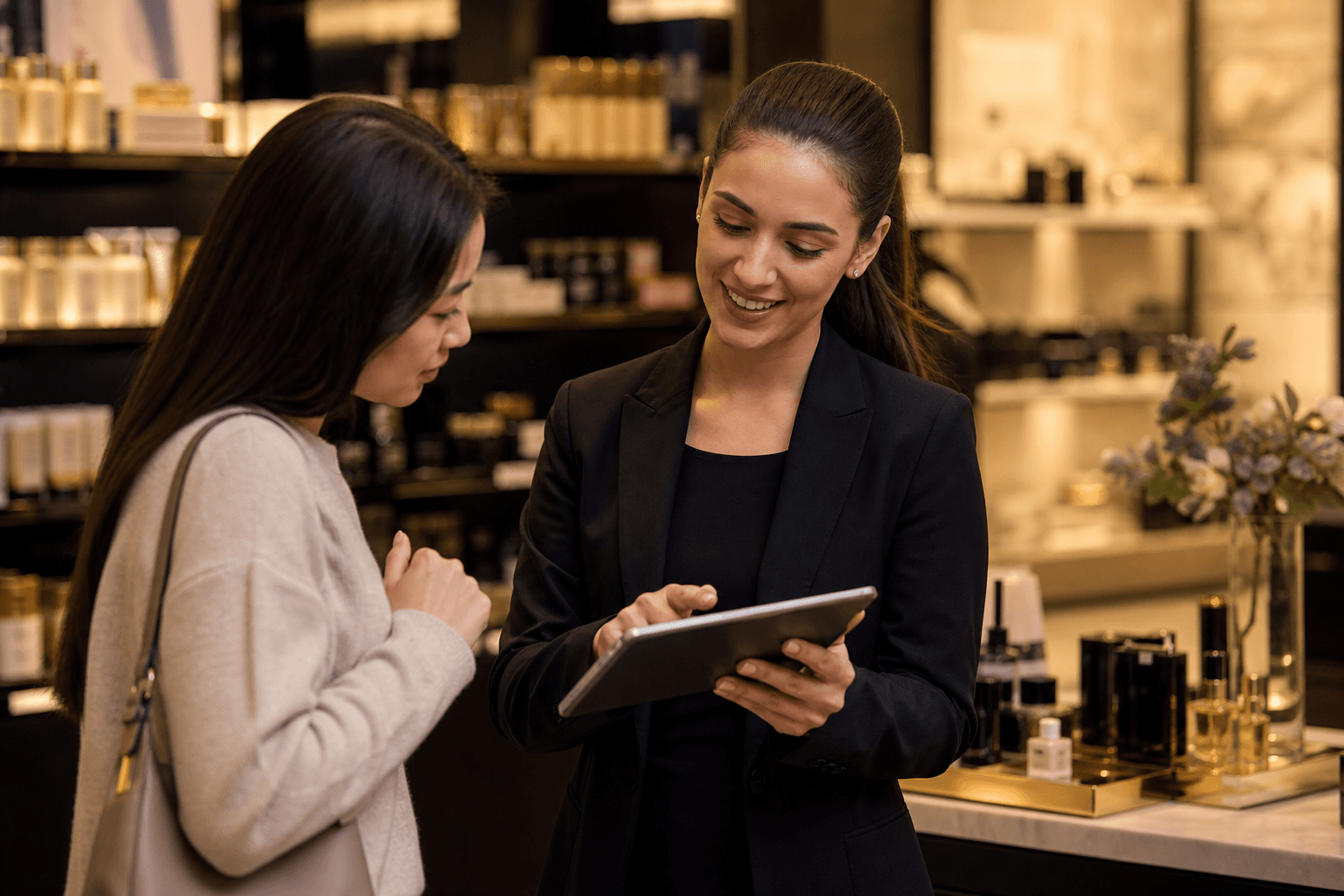 Store associate assisting a customer with a tablet