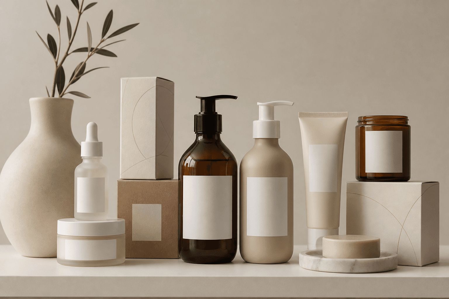 Premium consumer goods packaging arranged on a clean studio shelf