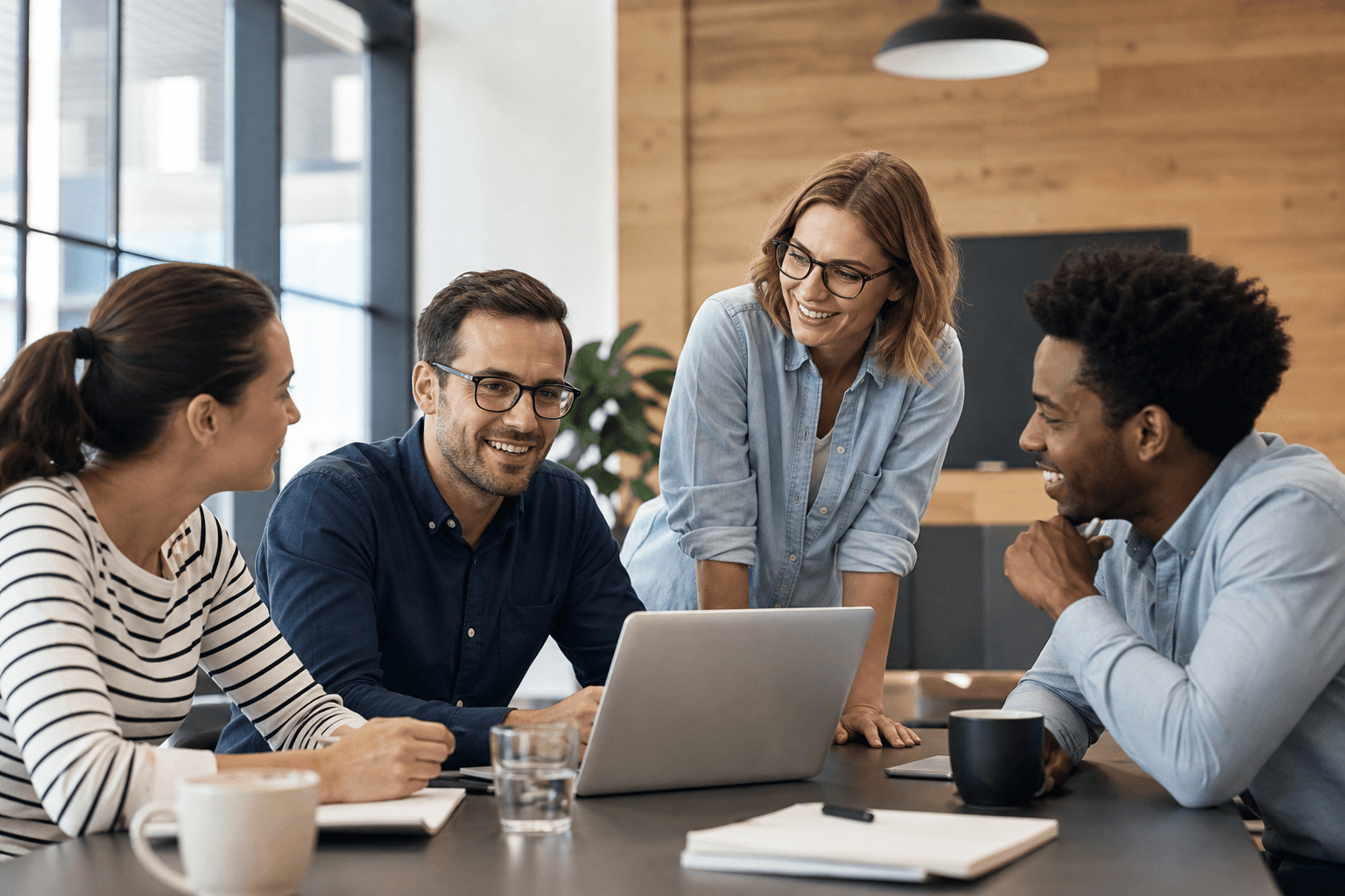 Business colleagues discussing around a laptop